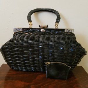 Vintage black woven bag with art deco details